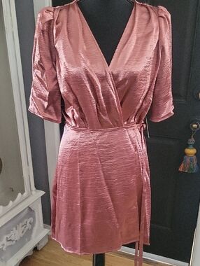 Express Satin Wrap Dress in Mauve Pink